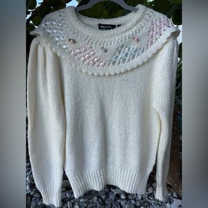 Cutest White Vintage Sweater with Pastel Ribbon Bows and Rosebud Accents 🎀